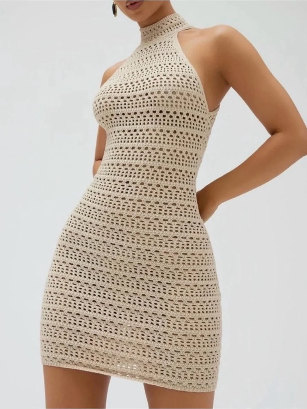 naked wardrobe Beige Crochet Halter Mini Cover-Up